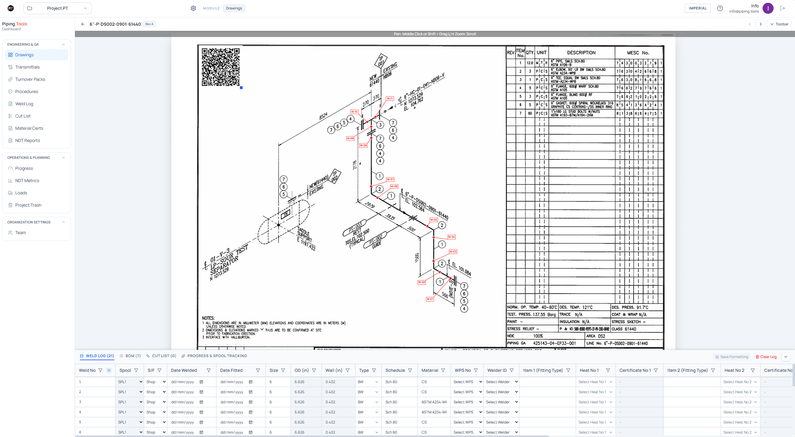 Piping.Tools drawing scan with drawing markup and weld list