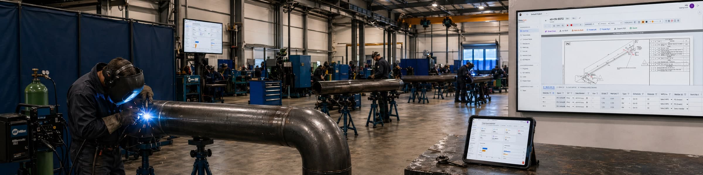 Pipe spool welding in a fabrication shop with Piping.Tools dashboards on shop monitors